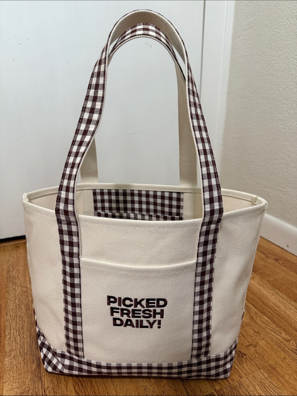 Daily Drills Cream Canvas Tote with Brown Gingham Trim